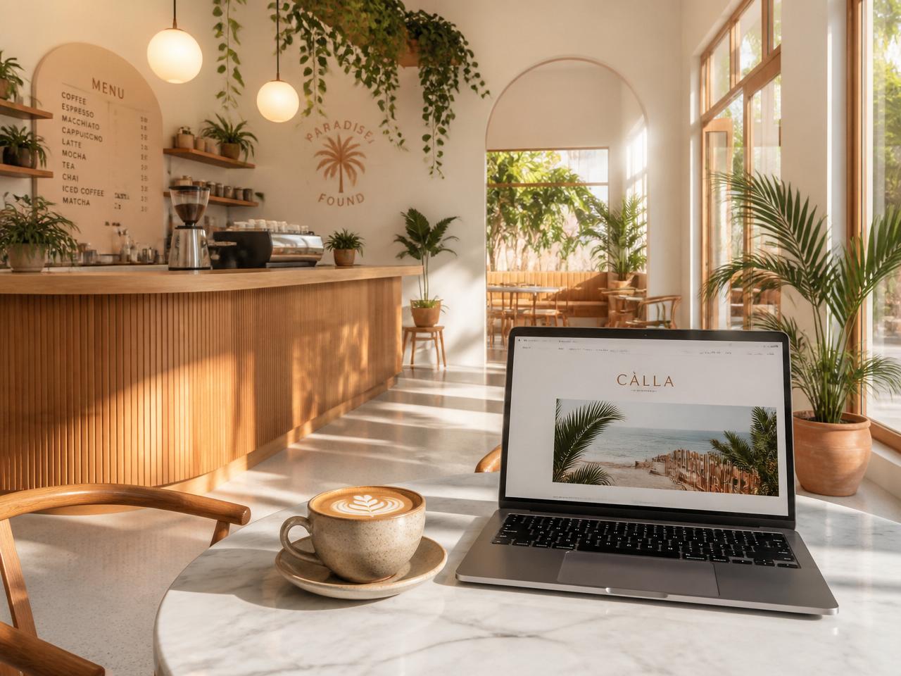 Cafetería moderna con laptop mostrando página web de marca premium